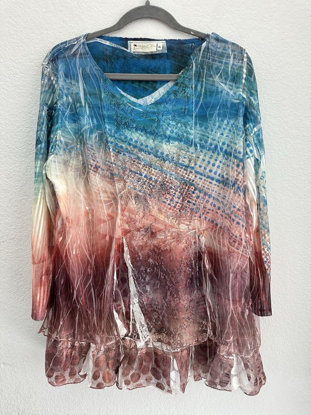 Impulse California Mesh Tunic Top XL Blue Rust Lace Layered Boho Art To Wear